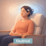 A woman sitting in a comfortable armchair with eyes closed receiving neuromodulation via two electrodes placed on the scalp.