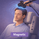 A man sitting in a clinical seat whilst a clinician holds a magnetic coil device above his head. Waves emanate out of the device to represent the magnetic field being used in the magnetic form of Neuromodulation.